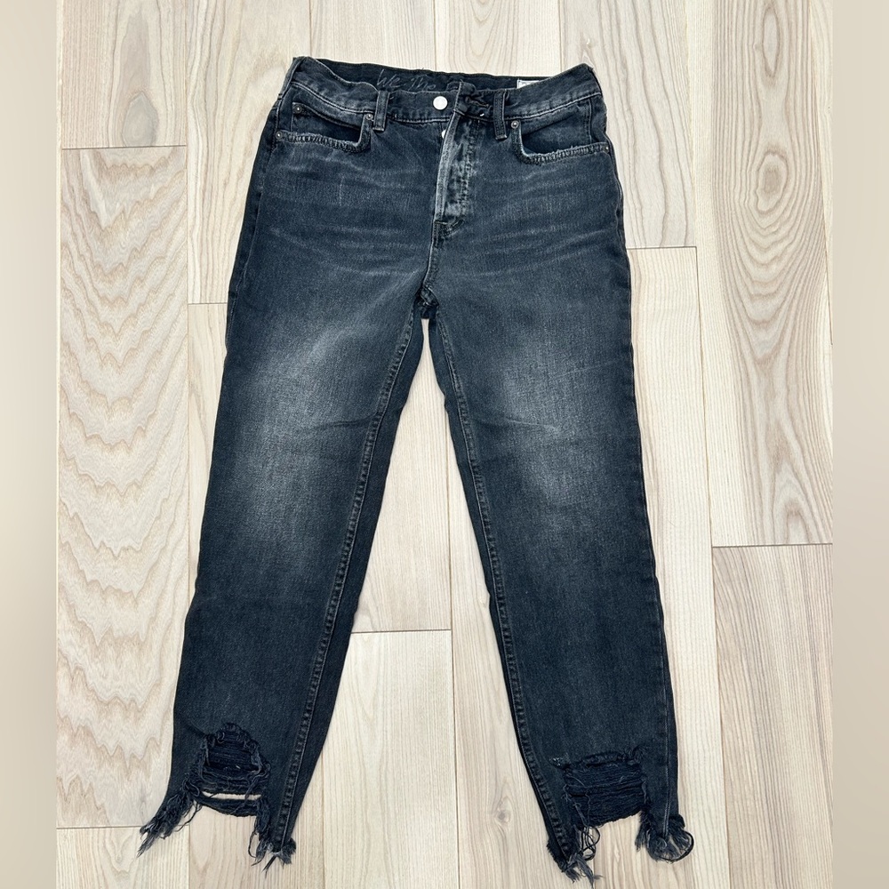 Free People We The Free Distressed Ankle Mid-Rise Jeans Black Button Fly SZ 26